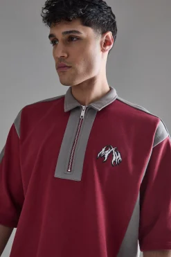 Oversized Half Sleeve Colour Block Sweat Polo | BoohooMAN UK