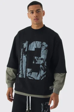 Oversized Half Sleeve Faux Layer 13 Applique Sweatshirt | BoohooMAN UK