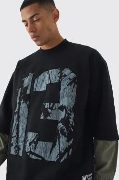 Oversized Half Sleeve Faux Layer 13 Applique Sweatshirt | BoohooMAN UK