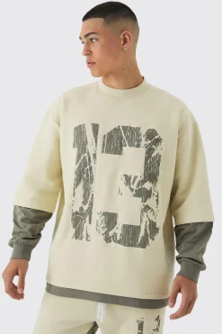 Oversized Half Sleeve Faux Layer 13 Applique Sweatshirt | BoohooMAN UK