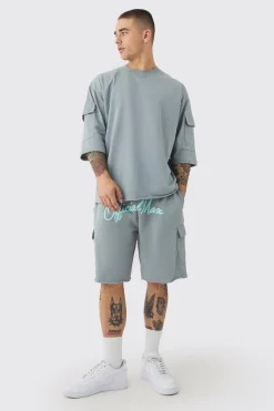 Oversized Half Sleeve Raw Hem Cargo T-shirt & Short Set | BoohooMAN UK