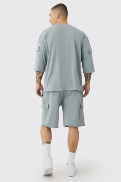 Oversized Half Sleeve Raw Hem Cargo T-shirt & Short Set | BoohooMAN UK