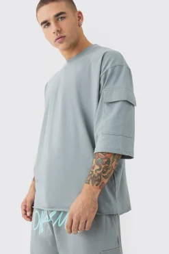 Oversized Half Sleeve Raw Hem Cargo T-shirt & Short Set | BoohooMAN UK