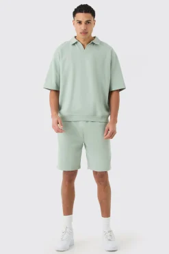 Oversized Half Sleeve Revere Elastic Hem Polo And Short Set | BoohooMAN UK