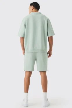 Oversized Half Sleeve Revere Elastic Hem Polo And Short Set | BoohooMAN UK