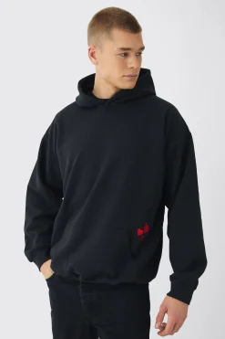 Oversized Heart Embroidered Pocket Hoodie | BoohooMAN UK