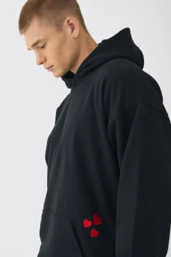 Oversized Heart Embroidered Pocket Hoodie | BoohooMAN UK