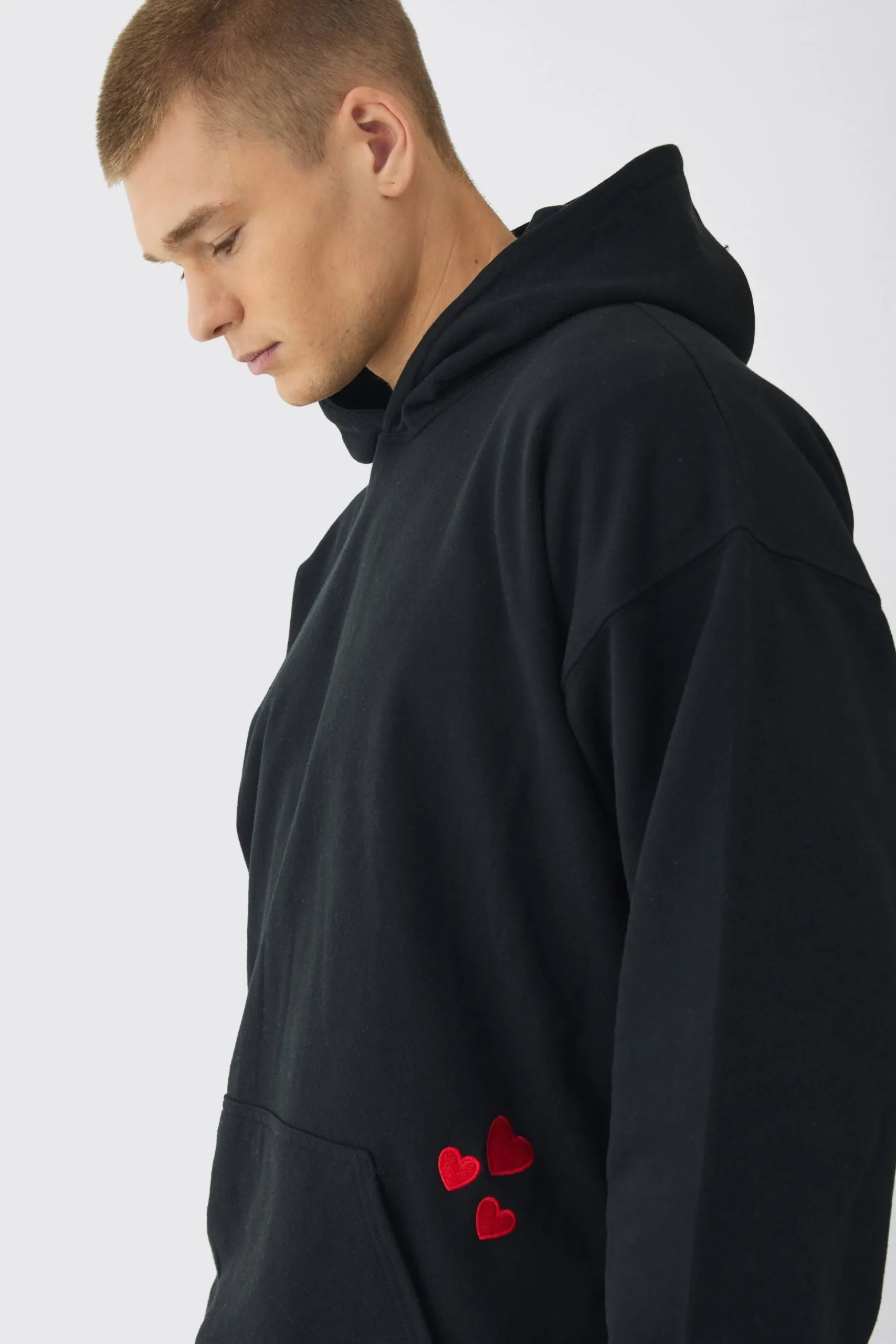 Oversized Heart Embroidered Pocket Hoodie | BoohooMAN UK