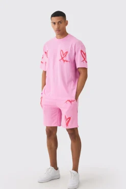 Oversized Heart Spray Print T-shirt & Short Set | BoohooMAN UK
