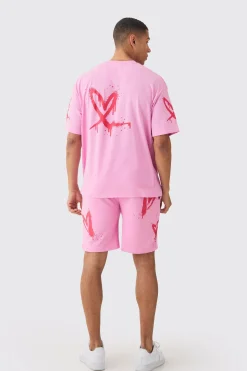 Oversized Heart Spray Print T-shirt & Short Set | BoohooMAN UK