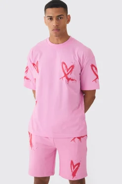 Oversized Heart Spray Print T-shirt & Short Set | BoohooMAN UK