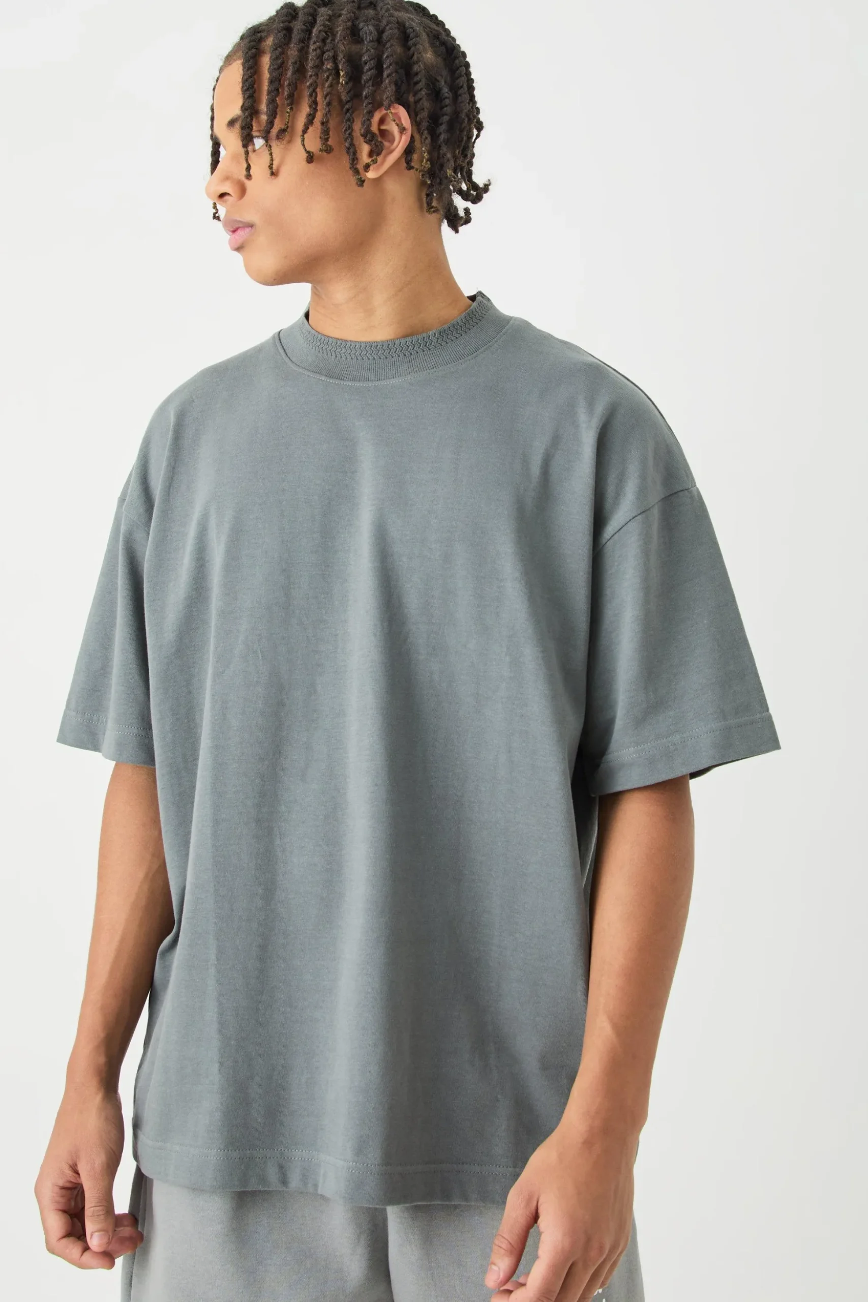 Oversized Heavy Extended Jacquard Neck T-shirt | BoohooMAN UK