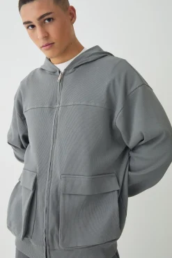Oversized Heavy Ribbed Pocket Zip Through Hoodie | BoohooMAN UK