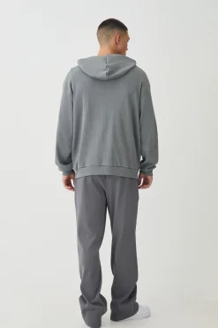 Oversized Heavy Ribbed Pocket Zip Through Hoodie | BoohooMAN UK