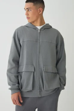 Oversized Heavy Ribbed Pocket Zip Through Hoodie | BoohooMAN UK