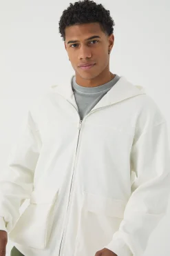 Oversized Heavy Ribbed Pocket Zip Through Hoodie | BoohooMAN UK