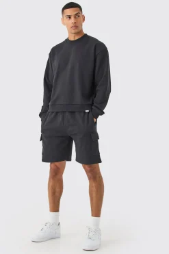 Oversized Heavy Sweatshirt Short Cargo Tracksuit | BoohooMAN UK