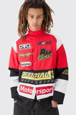 Oversized Heavy Twill Moto Badge Jacket | BoohooMAN UK