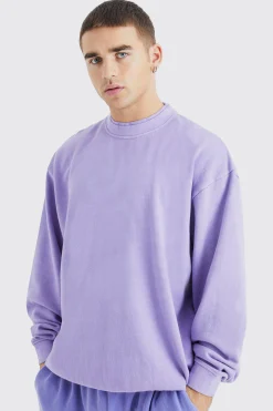 Oversized Heavy Washed Double Neck Sweatshirt | BoohooMAN UK
