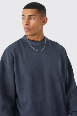 Oversized Heavy Washed Double Neck Sweatshirt | BoohooMAN UK