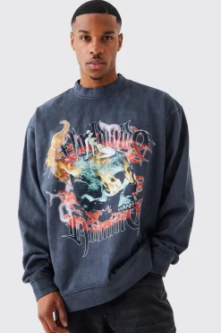 Oversized Heavy Washed Graphic Sweatshirt | BoohooMAN UK