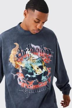 Oversized Heavy Washed Graphic Sweatshirt | BoohooMAN UK