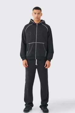 Oversized Heavyweight Applique Contrast Stitch Tracksuit | BoohooMAN UK