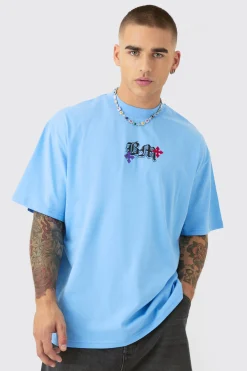 Oversized Heavyweight BM Cross Embroidered T-shirt | BoohooMAN UK