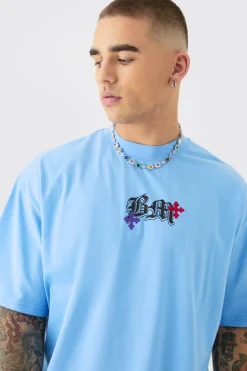 Oversized Heavyweight BM Cross Embroidered T-shirt | BoohooMAN UK