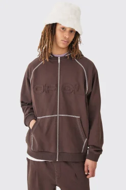 Oversized Heavyweight Contrast Stitch OFCL Applique Zip Thru Hoodie | BoohooMAN UK