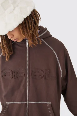 Oversized Heavyweight Contrast Stitch OFCL Applique Zip Thru Hoodie | BoohooMAN UK