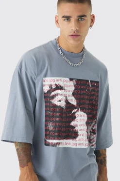 Oversized Heavyweight Distressed Acid Wash Box Graphic T-Shirt | BoohooMAN UK