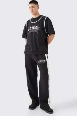 Oversized Heavyweight Faux Layer Varsity Split Hem Tracksuit | BoohooMAN UK