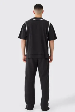 Oversized Heavyweight Faux Layer Varsity Split Hem Tracksuit | BoohooMAN UK
