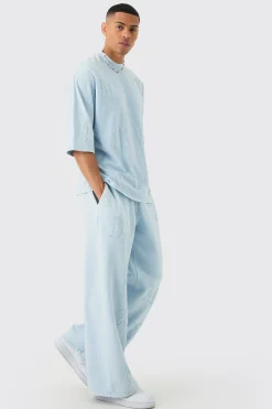 Oversized Heavyweight Half Sleeve Acid Applique Tracksuit | BoohooMAN UK
