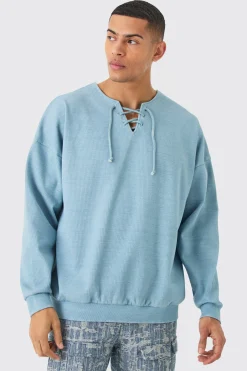 Oversized Heavyweight Ribbed Washed Varsity Hockey Sweatshirt | BoohooMAN UK
