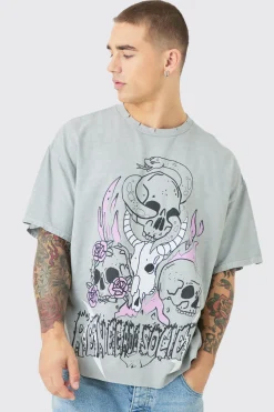 Oversized Heavyweight Skull Wash Graphic T-shirt | BoohooMAN UK
