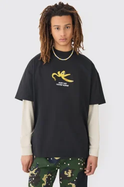 Oversized Heavyweight Split Hem Faux Sleeve Print T-shirt | BoohooMAN UK