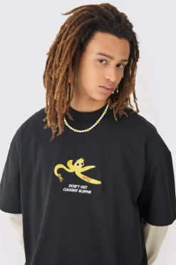 Oversized Heavyweight Split Hem Faux Sleeve Print T-shirt | BoohooMAN UK