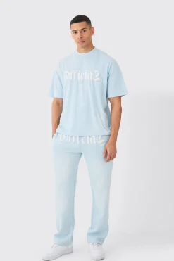 Oversized Heavyweight Spray Wash Denim Applique Tracksuit | BoohooMAN UK