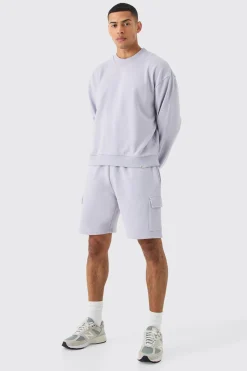 Oversized Heavyweight Sweatshirt Short Cargo Tracksuit | BoohooMAN UK