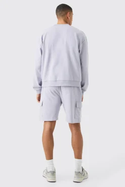 Oversized Heavyweight Sweatshirt Short Cargo Tracksuit | BoohooMAN UK