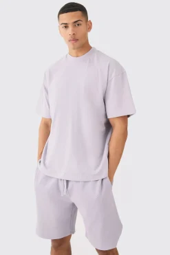 Oversized Heavyweight T-shirt & Ribbed Shorts Set | BoohooMAN UK
