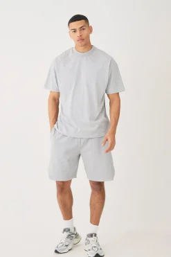 Oversized Heavyweight T-shirt & Ribbed Shorts Set | BoohooMAN UK