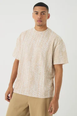 Oversized Herringbone Jacquard T-shirt | BoohooMAN UK