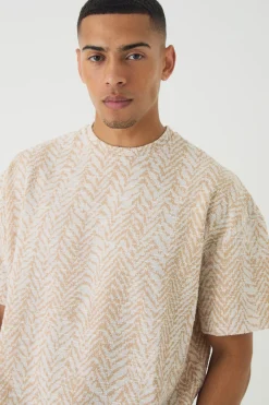 Oversized Herringbone Jacquard T-shirt | BoohooMAN UK