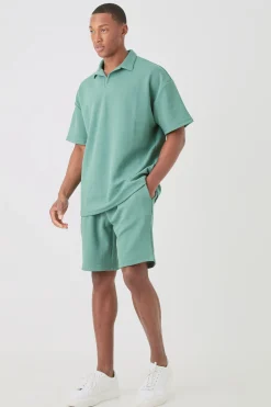Oversized Herringbone Polo And Short Set | BoohooMAN UK
