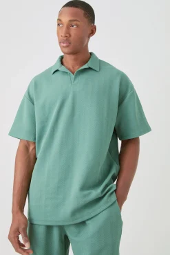 Oversized Herringbone Polo And Short Set | BoohooMAN UK