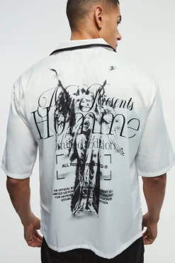 Oversized Homme Back Graphic Satin Shirt | BoohooMAN UK