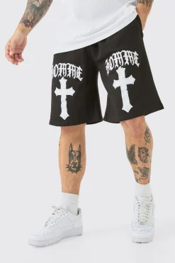 Oversized Homme Gothic Cross Print Short | BoohooMAN UK